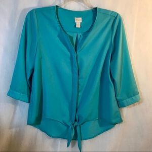 Chico’s Teal Split neck tie waist blouse
